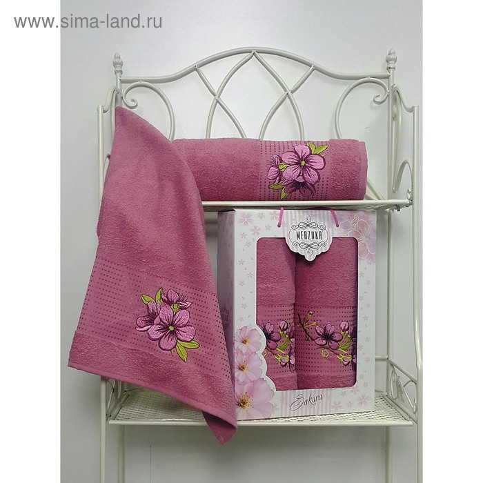Комплект полотенец MERZUKA махр.в кор 50x90/70х140 2шт SAKURA тёмно-розовый хл.460г/м - Фото 1