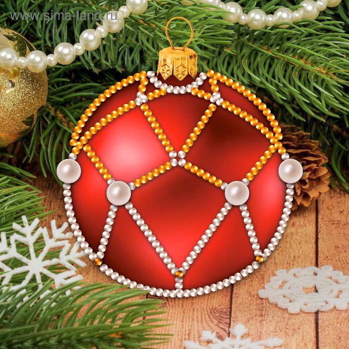 Новогодний ёлочный шар, Набор для декорирования бисером, красный шар + бусины - Фото 1
