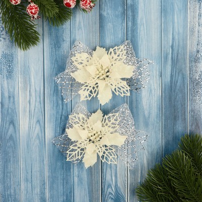 Ёлочные игрушки 2 шт. «Зимнее волшебство. Бантик с цветком» пластик, 11×9 см, белый