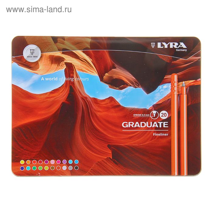 Набор ручек капиллярных 20 цветов Lyra Graduate Fine Liner 0.5 мм металлический пенал L6771200 - Фото 1