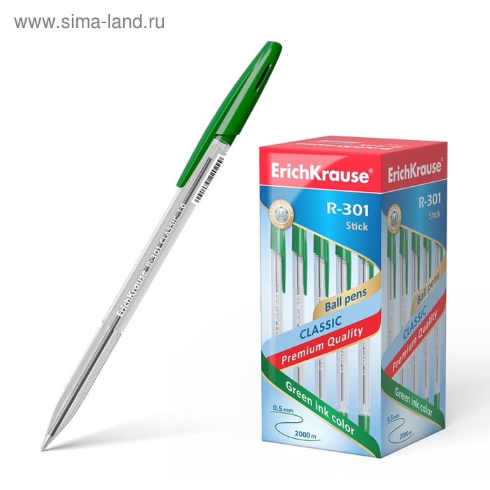 Ручка шариковая Erich Krause R-301 Classic Stick, узел 1.0 мм, чернила зелёные, длина линии письма 2000 метров, штрихкод на ручке - Фото 1