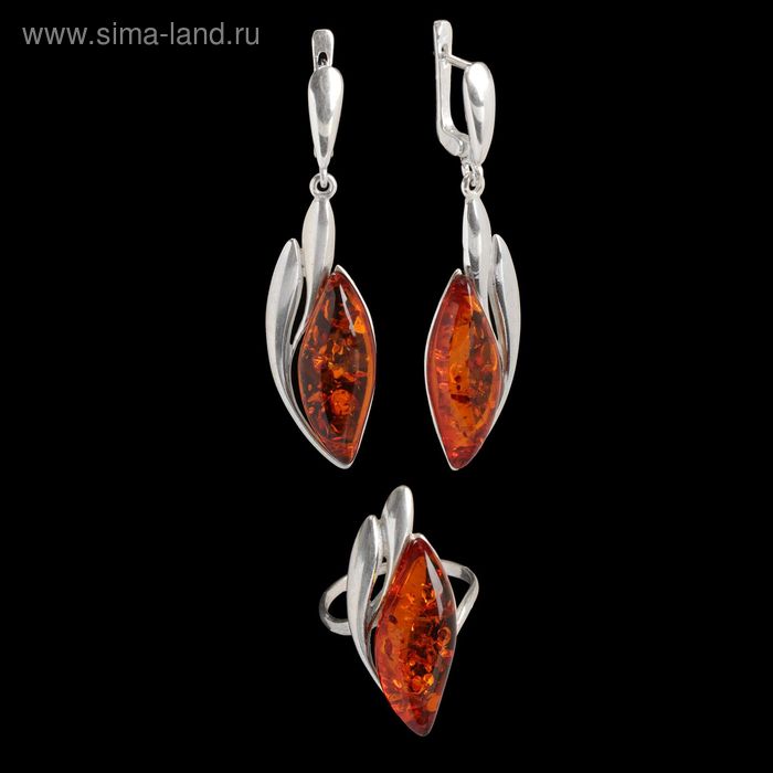 Гарнитур посеребрение 2 предмета: серьги, кольцо «Янтарь» ромбик, коричневый, 17 размер - Фото 1