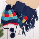 Комплект утеплённый для мальчика "Клеточка" (шапка, шарф), р-р 50, цв. тёмно-синий - Фото 1