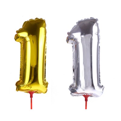 Шар фольгированный 14", цифра 1, с палочкой, цвета МИКС