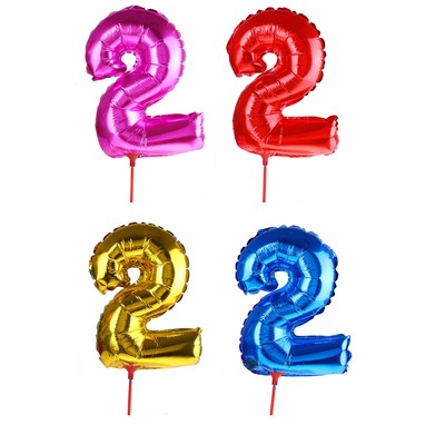 Воздушный шар фольгированный 14", цифра 2, с палочкой, МИКС