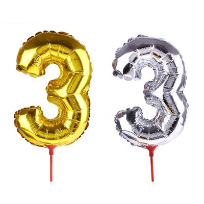 Шар фольгированный 14", цифра 3, с палочкой, цвета МИКС