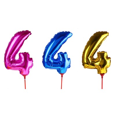 Шар фольгированный 14", цифра 4, с палочкой, цвета МИКС