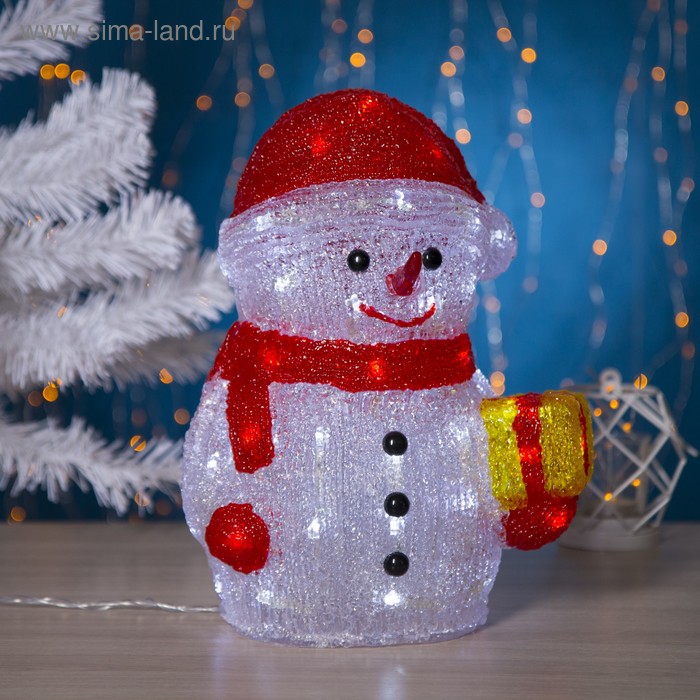 Фигура акрил. "Снеговик с подарком" 21х25х30 см, с диммером, 40 LED, 220V, БЕЛЫЙ - Фото 1