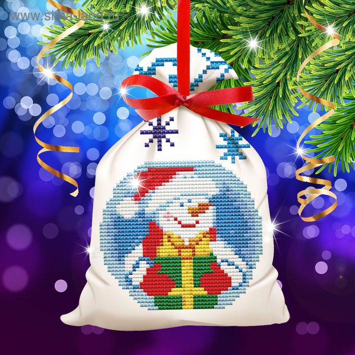 Новогодняя вышивка крестиком на мешочке "Снеговик", основа 25*35 см - Фото 1
