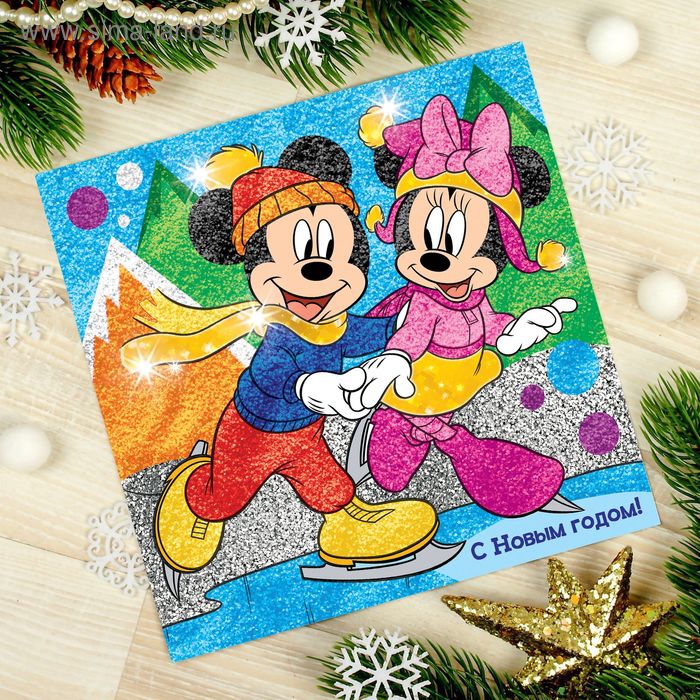 Фреска с блестками и фольгой "С Новым годом!" Микки Маус и друзья + 9 цветов песка по 4 гр, блестки - Фото 1