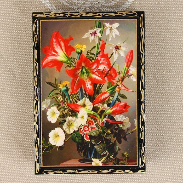 Шкатулка «Лилии в вазе», 11×16 см, лаковая миниатюра - фото 1886251216