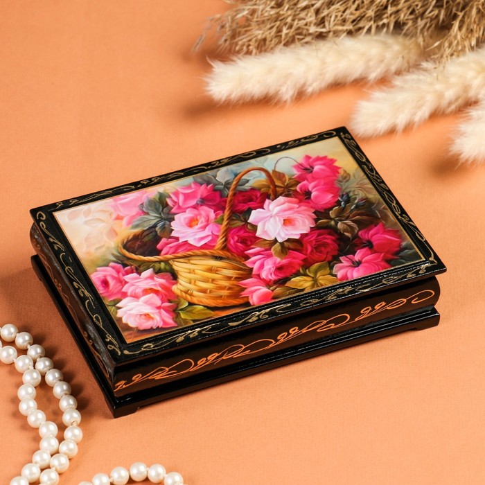 Шкатулка «Розовые цветы в корзинке», 11×16 см, лаковая миниатюра - фото 1906869240