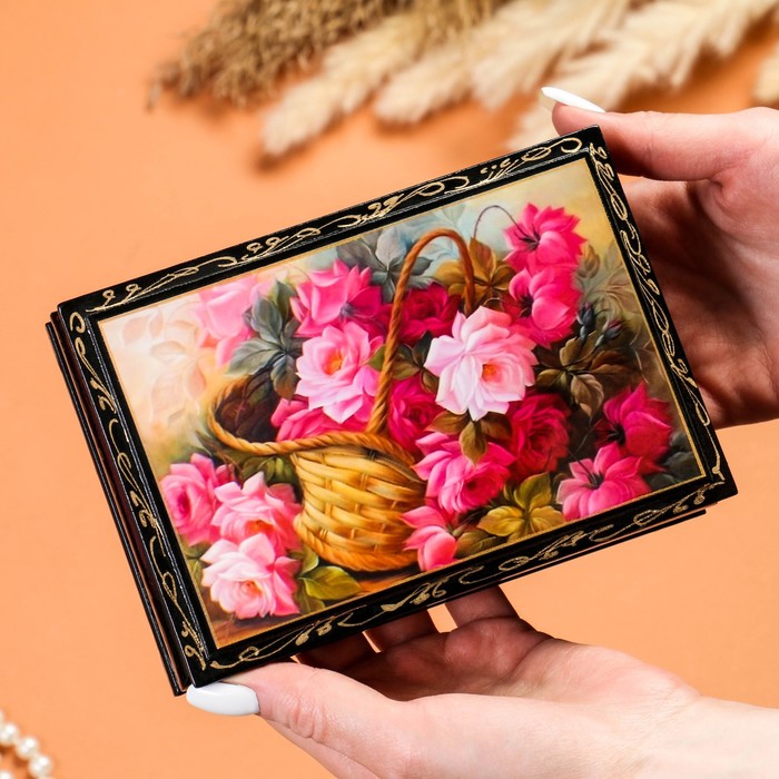 Шкатулка «Розовые цветы в корзинке», 11×16 см, лаковая миниатюра - фото 1906869242