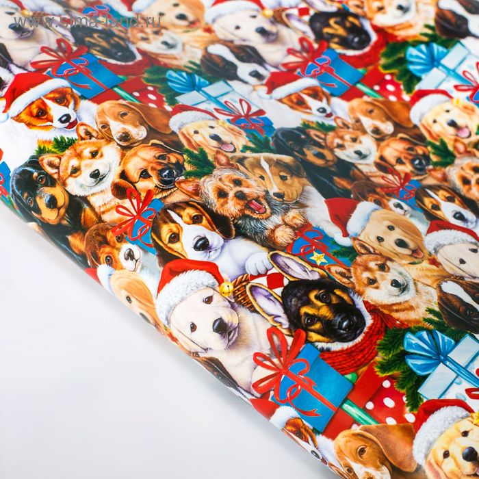 Бумага упаковочная глянцевая "Новогодние собачки",70х100 см - Фото 1