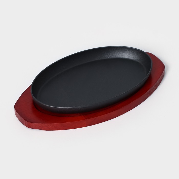 Сковорода «Овал», 26.5×16.5 см, на деревянной подставке, индукция, чугун, чёрная - Фото 1