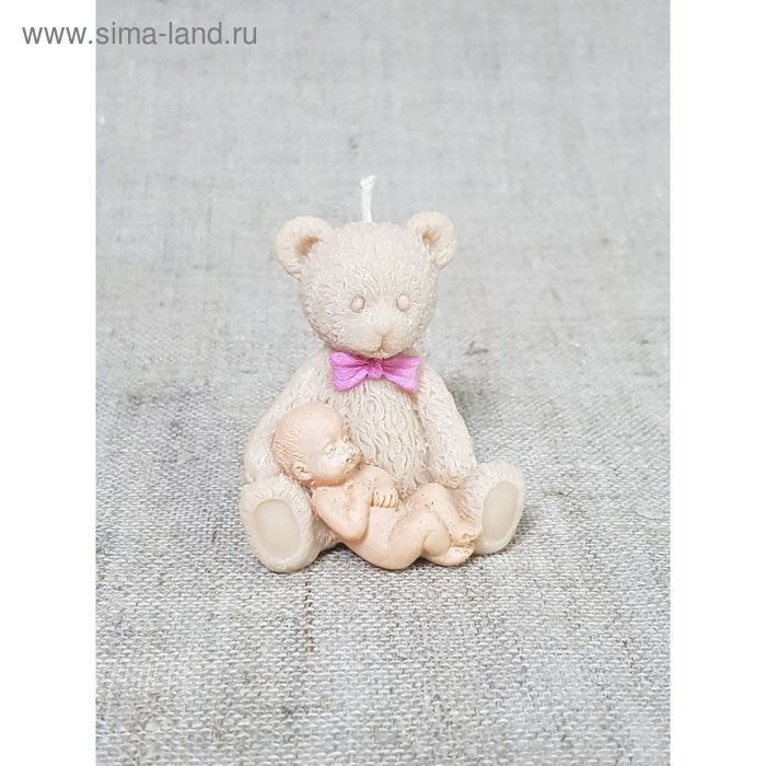 Свеча "Мишка с младенцем 5*5,5 бант розовый - Фото 1