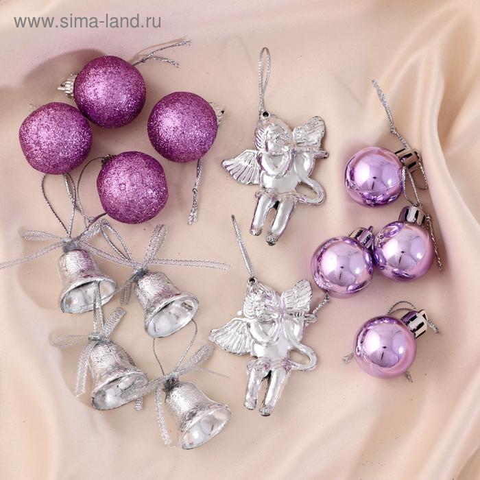 Набор украшений пластик 14 шт "Сюрприз" (4 колокол, 8 шаров, 2 ангела) серебро, фиолет - Фото 1