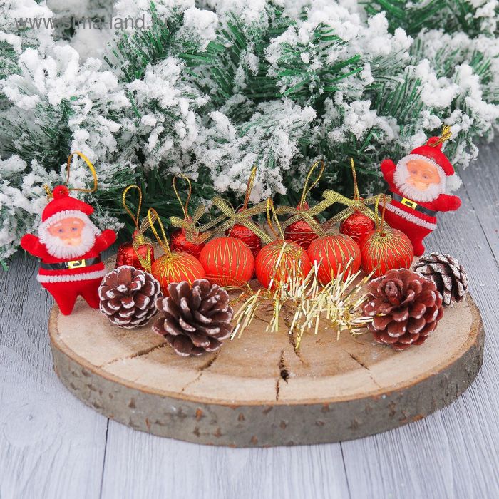 Набор украшений пластик 16 шт "Сюрприз" (4 шишки, 5 шаров, 5 колокольчиков, 2 Деда Мороза) - Фото 1