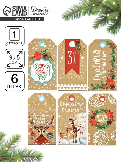 Шильдик декоративный в наборе «Счастья в Новом Году», 9×5 см, 6 шт.