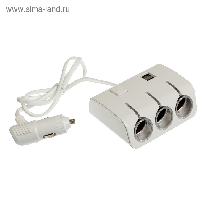 Разветвитель прикуривателя, 3 гнезда, 2 USB 1 А, 60 Вт, 12/24 В, подсветка, провод 70 см - Фото 1