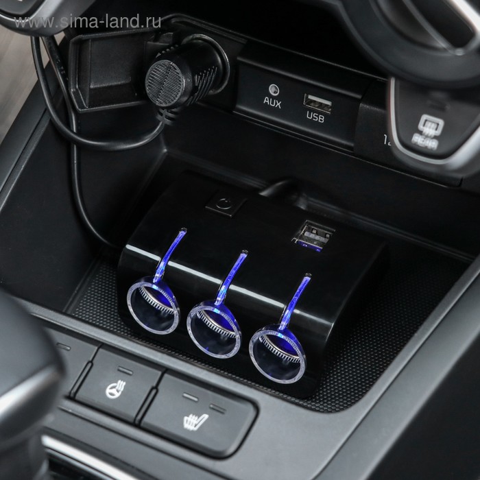 Разветвитель прикуривателя, 3 гнезда, 2 USB 1 А, 60 Вт, 12/24 В, подсветка, провод 70 см - Фото 1