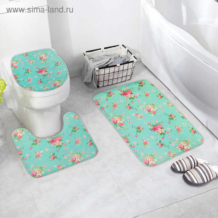 Набор ковриков для ванны и туалета 3 шт 38х44, 39х39, 39х59 см "Розы на голубом" - Фото 1