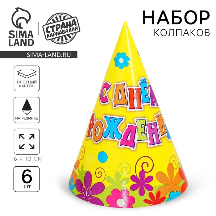 Бумажные колпаки «С днём рождения! Цветы», набор 6 шт., 16 см - Фото 1