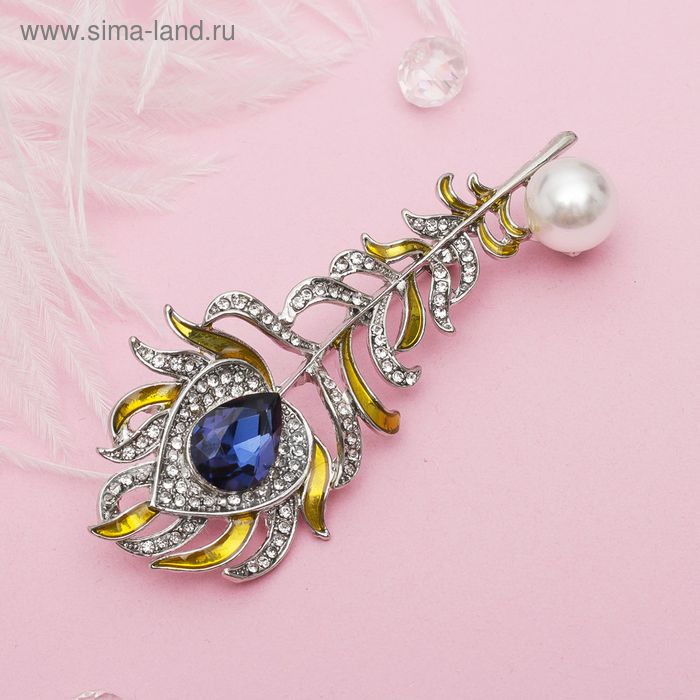 Брошь «Перо павлина», цвет янтарно-белый в золоте - Фото 1