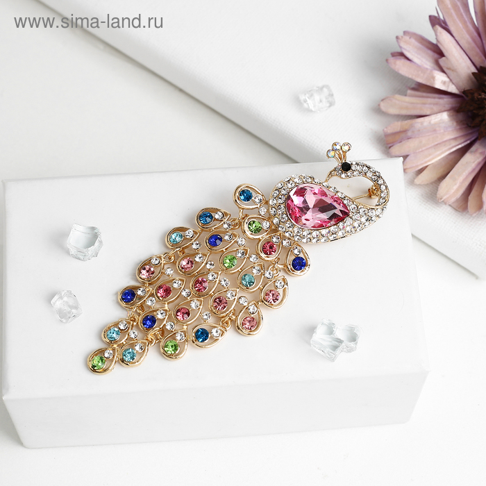 Брошь «Павлин роскошный», разноцветная в золоте - Фото 1