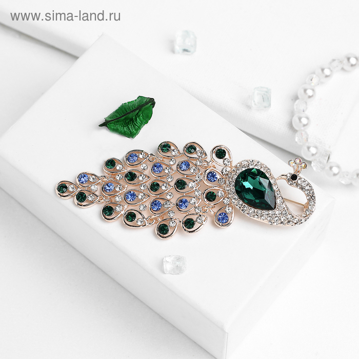 Брошь «Павлин роскошный», цвет сине-зеленый в золоте - Фото 1