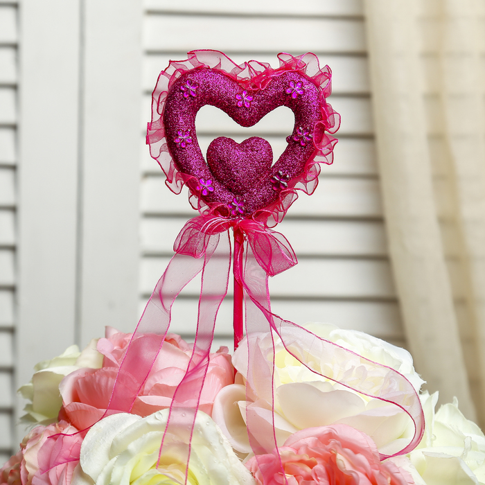Сердце сувенирное на палочке блёстка d=8 см "Розы"вставка, розовый - Фото 1