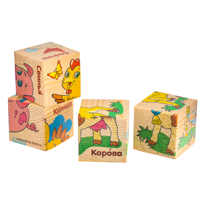 Кубики деревянные «Животные фермы», набор 4 шт. - фото 1908327680