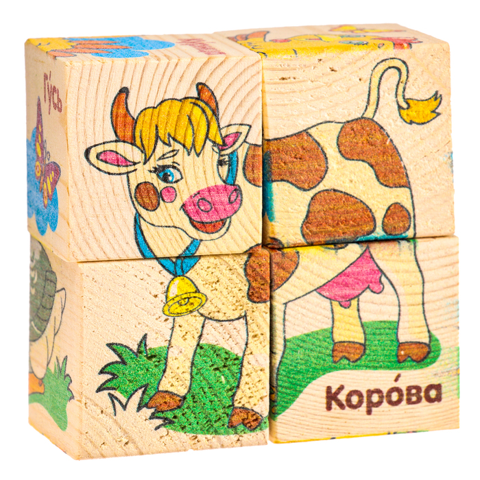 Кубики деревянные «Животные фермы», набор 4 шт. - фото 1908327684