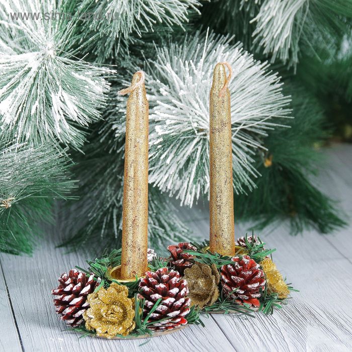 Свеча новогодняя с подсвечником «Блеск», набор 4 шт., 3.5×11×15 см, золотистая - Фото 1