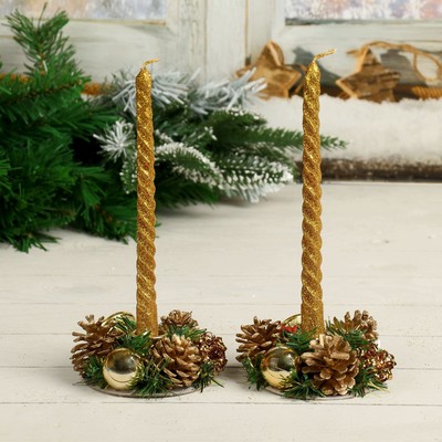 Свеча новогодняя с подсвечником «Мерцание», набор 4 шт., 5×15×21 см, золотистая