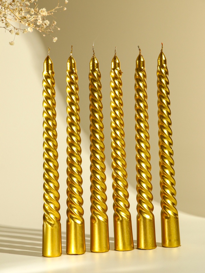 Набор свечей витых, 1.9×20 см, 6 шт., золотой металлик - Фото 1