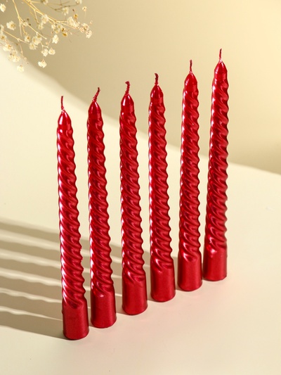 Набор свечей витых, 1.9×20 см, 6 шт., рубиновый металлик