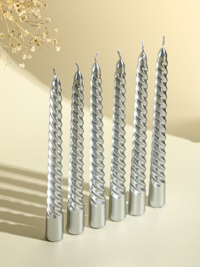 Набор свечей витых, 1.9×20 см, 6 шт., серебряный металлик