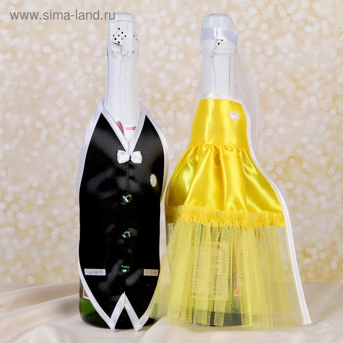 Украшение на шампанское "Свадебный вальс" желтое - Фото 1
