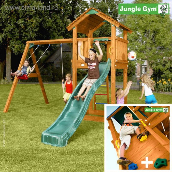 Детский городок "Jungle Cottage + Swing Module Xtra + Rock Module"+ 2 стандартные сидушки - Фото 1