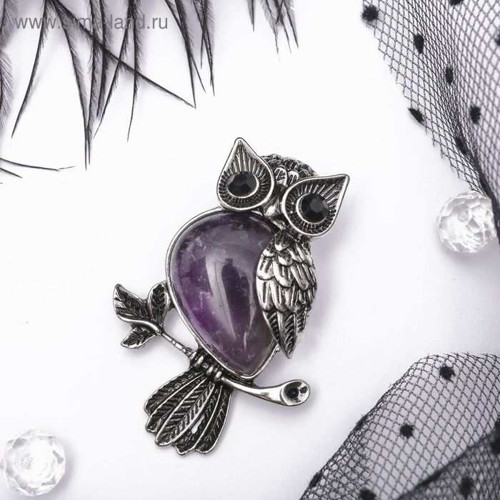 Брошь-подвеска сова на ветке «Аметист» - Фото 1