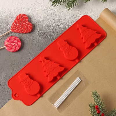 Форма для леденцов Доляна «Новый год», силикон, 31×9 см, 4 ячейки, с палочками, цвет красный