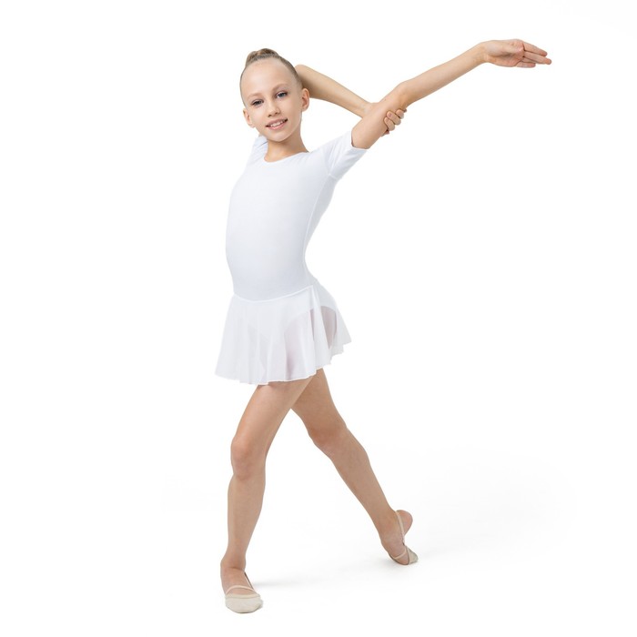 Купальник для хореографии х/б, короткий рукав, юбка-сетка, размер 38, цвет белый