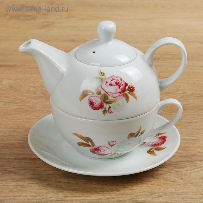 Набор чайный 3 предмета «Чайная роза»: чайник 420 мл, чашка 240 мл, блюдце - Фото 1