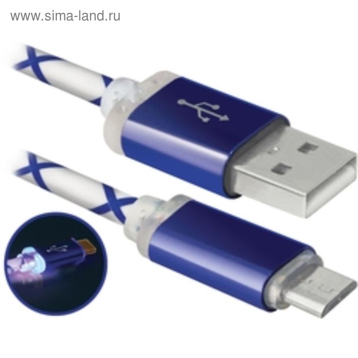 Кабель Defender (87555) micro USB LED 1 м. голубой - Фото 1