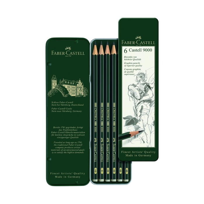 Набор карандашей чернографитных разной твердости Faber-Castell CASTELL 9000, 6 штук, 8B, 6B, 4B, 2B, B, HB, металлический пенал - Фото 1