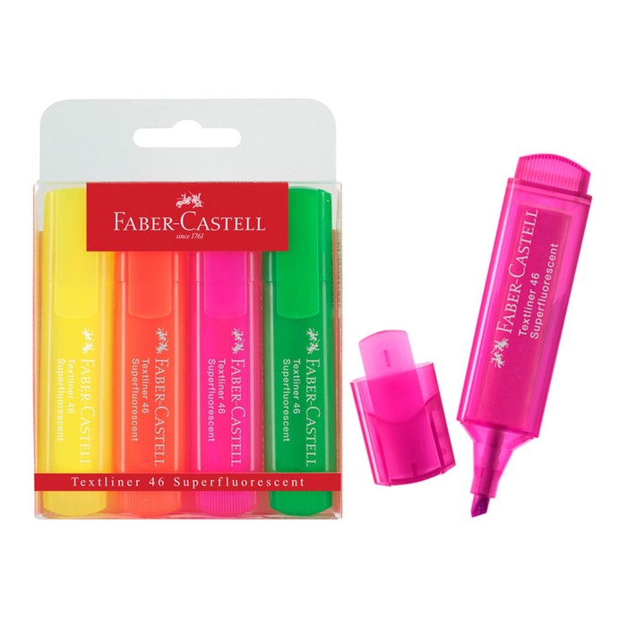 Набор маркеров текстовыделителей 4 цвета 5.0 мм, Faber-Castell 46 Superfluorescent в футляре, 154604/15460400
