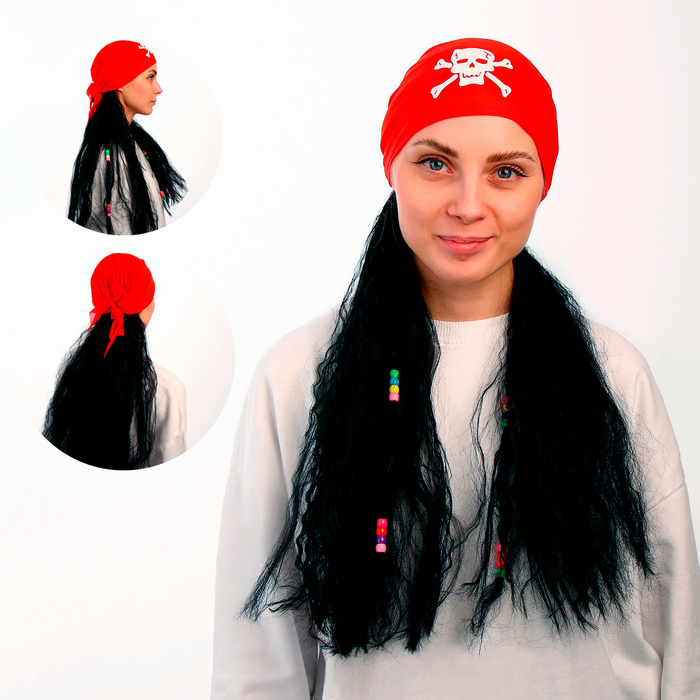 Карнавальный парик «Пиратка в бандане», с косичками, 120 г, цвет чёрный - Фото 1