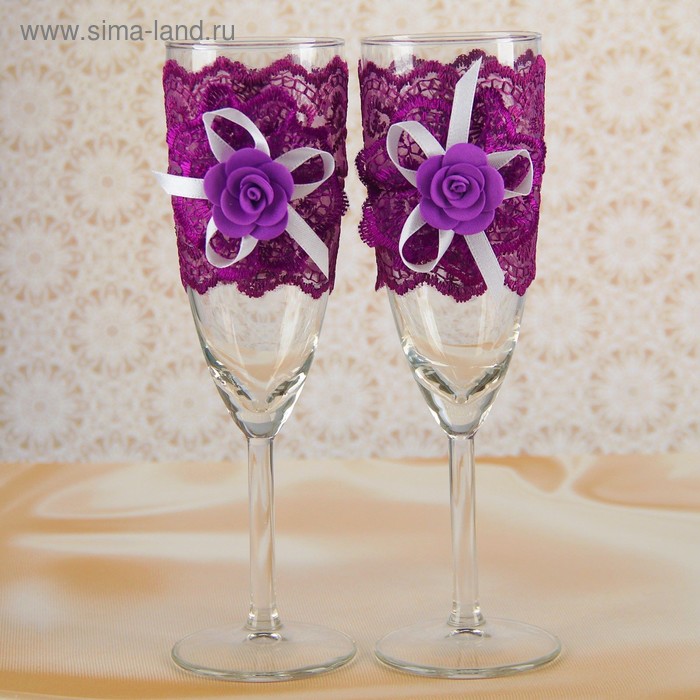 Набор свадебных бокалов "Элит", с кружевным бантом, фиолетовые - Фото 1