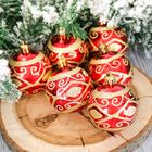 Набор шаров пластик d-6 см, 6 шт "Расписные узоры" красный - Фото 1